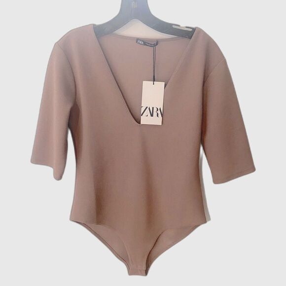 ZARA NWT Limitless Contour Bodysuit Large L Half Sleeve V-Neck Mauve Nude Modern - Picture 2 of 8